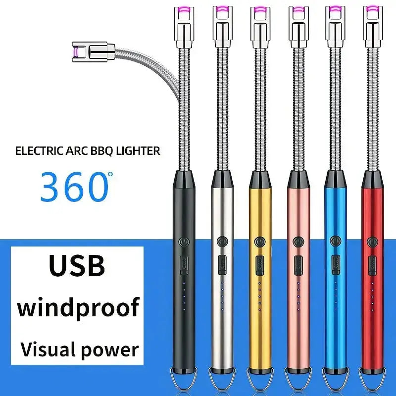USB rechargeable electric arc BBQ lighter in six colors with 360 degree flexible neck, windproof design.