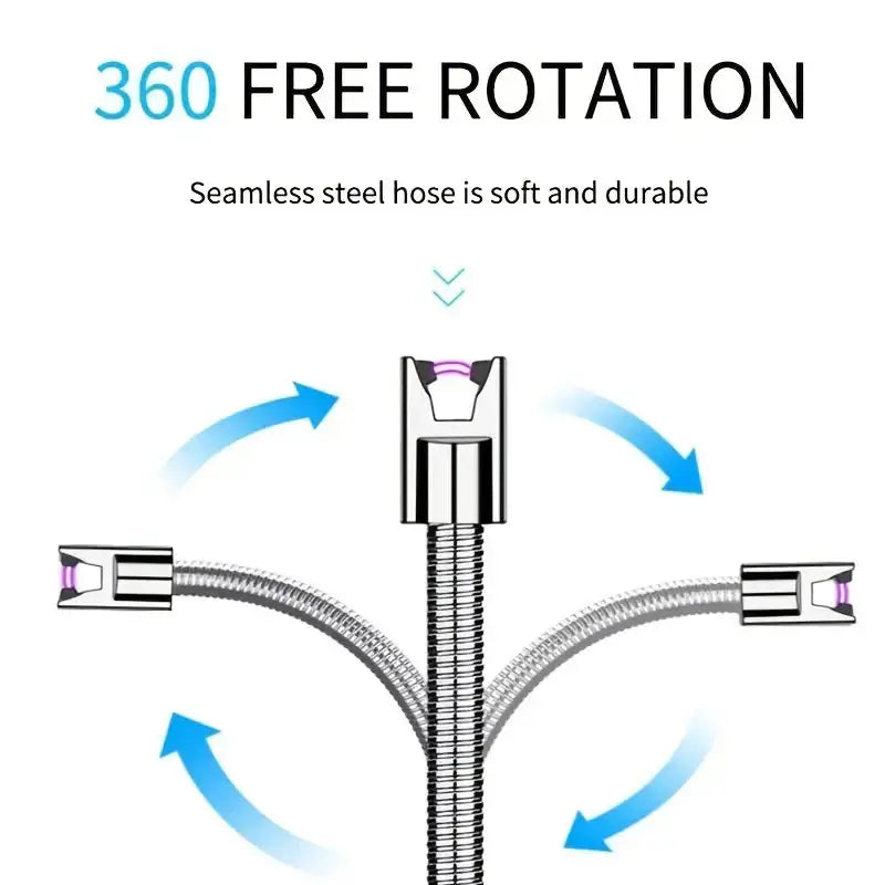 Visual of 360-degree rotation feature on seamless steel hose for flexibility and durability.