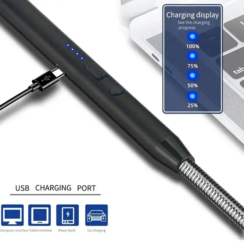 USB rechargeable candle lighter with charging display and charging port, designed for convenience and modern use.