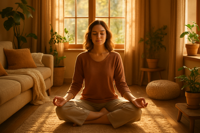 one women meditating in a cozy room where there is enough sunlight