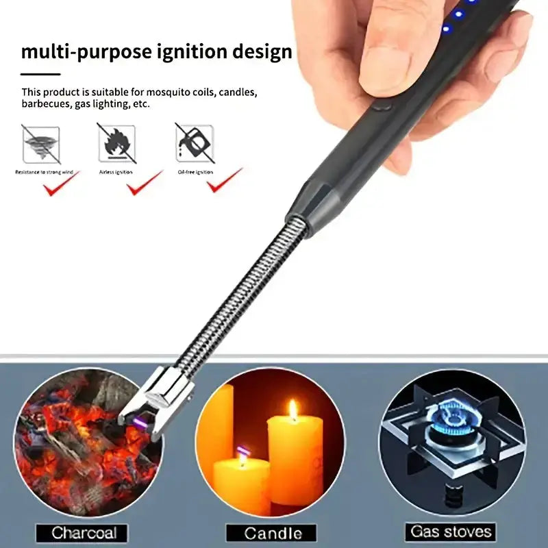 USB rechargeable flameless arc lighter for candles, charcoal, and gas stoves with multi-purpose ignition design.