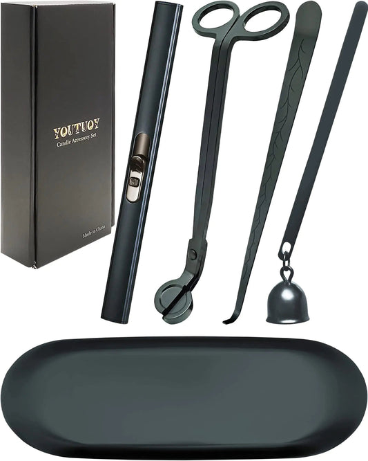 YOUTUOY 5 in1 Candle Accessory Set with Rechargeable Candle Lighter Candle Wick Trimmer Candle Wick Snuffer Candle Wick Dipper Storage Tray Plate Candle Care Kit (Matte Black) Candles Culture